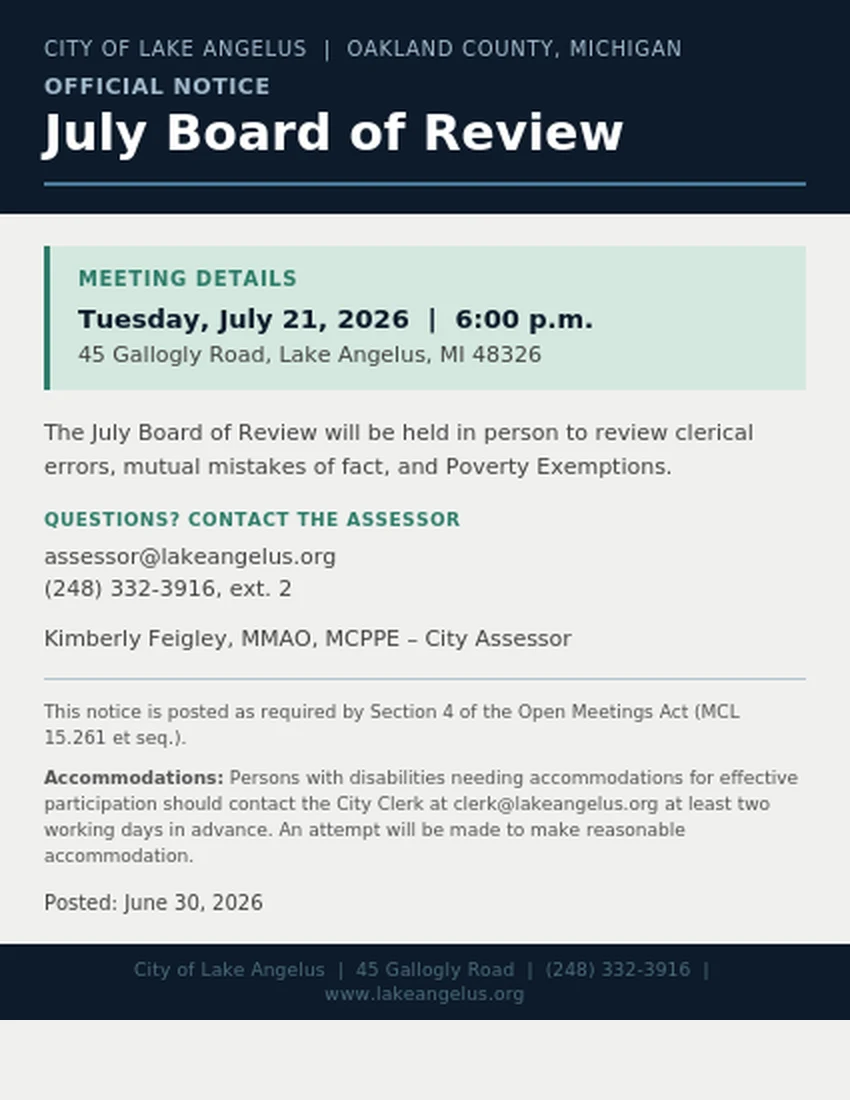 July Board of Review - July 21, 2026 at 6 pm