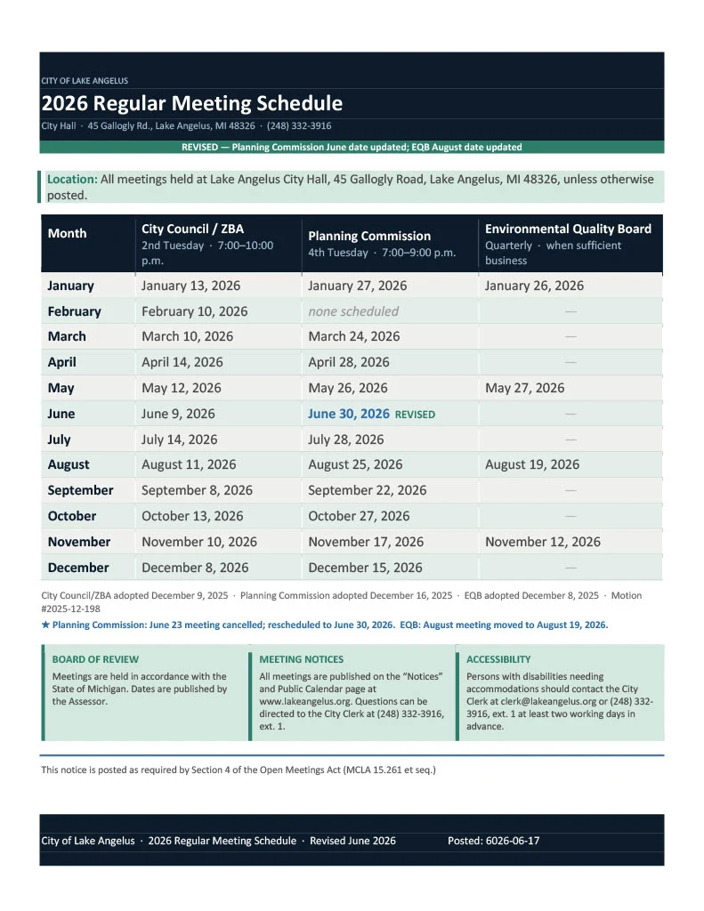 Table of 2026 City Council, Planning Commission, and Environmental Quality Board meeting dates for the City of Lake Angelus, revised to reflect a Planning Commission date change to June 30 and an Environmental Quality Board date of August 19.