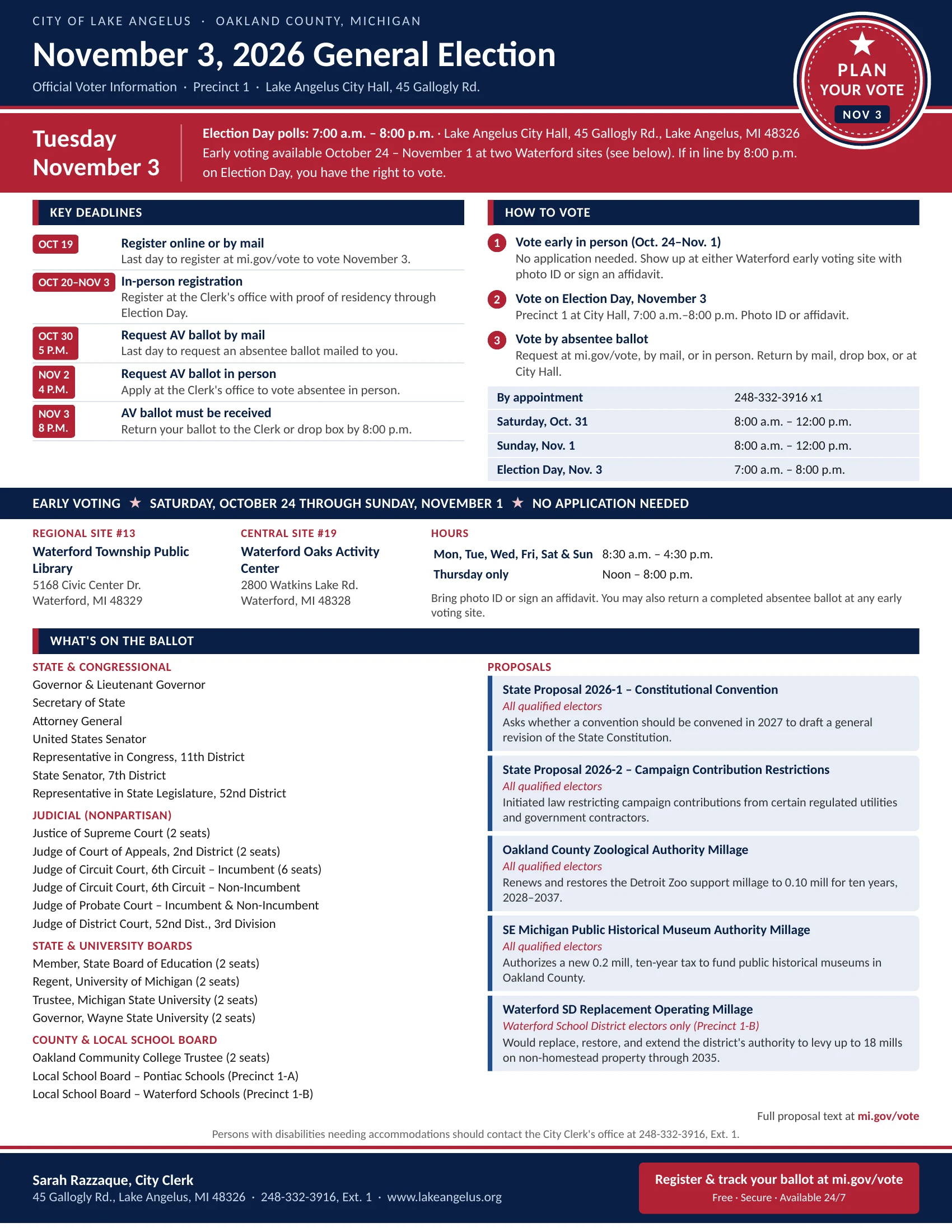 City of Lake Angelus November 3, 2026 General Election voter information